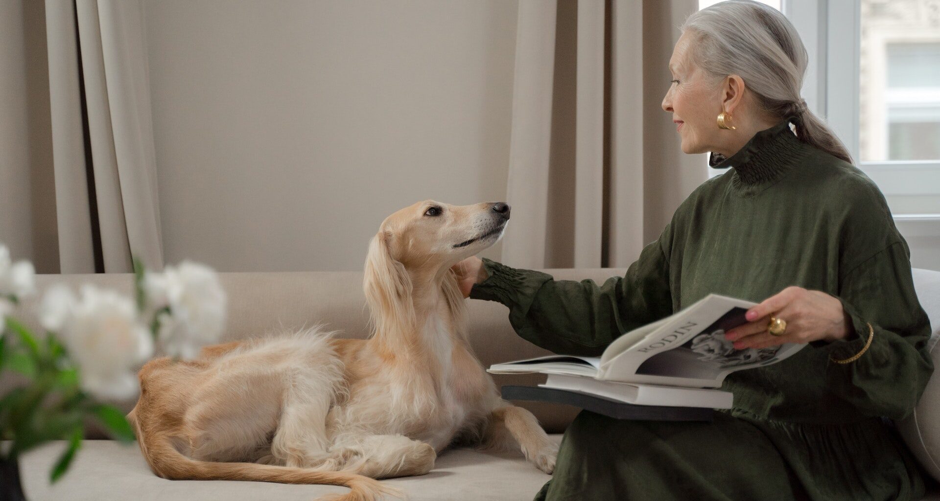 pies rasy chart na kanapie ze swoją panią